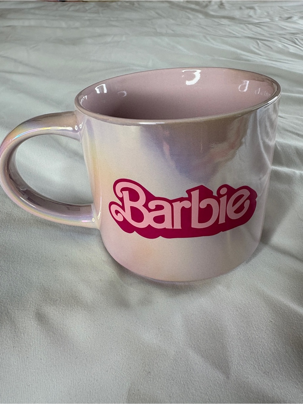 Barbie Iridescent Pink and White Logo Ceramic Mug